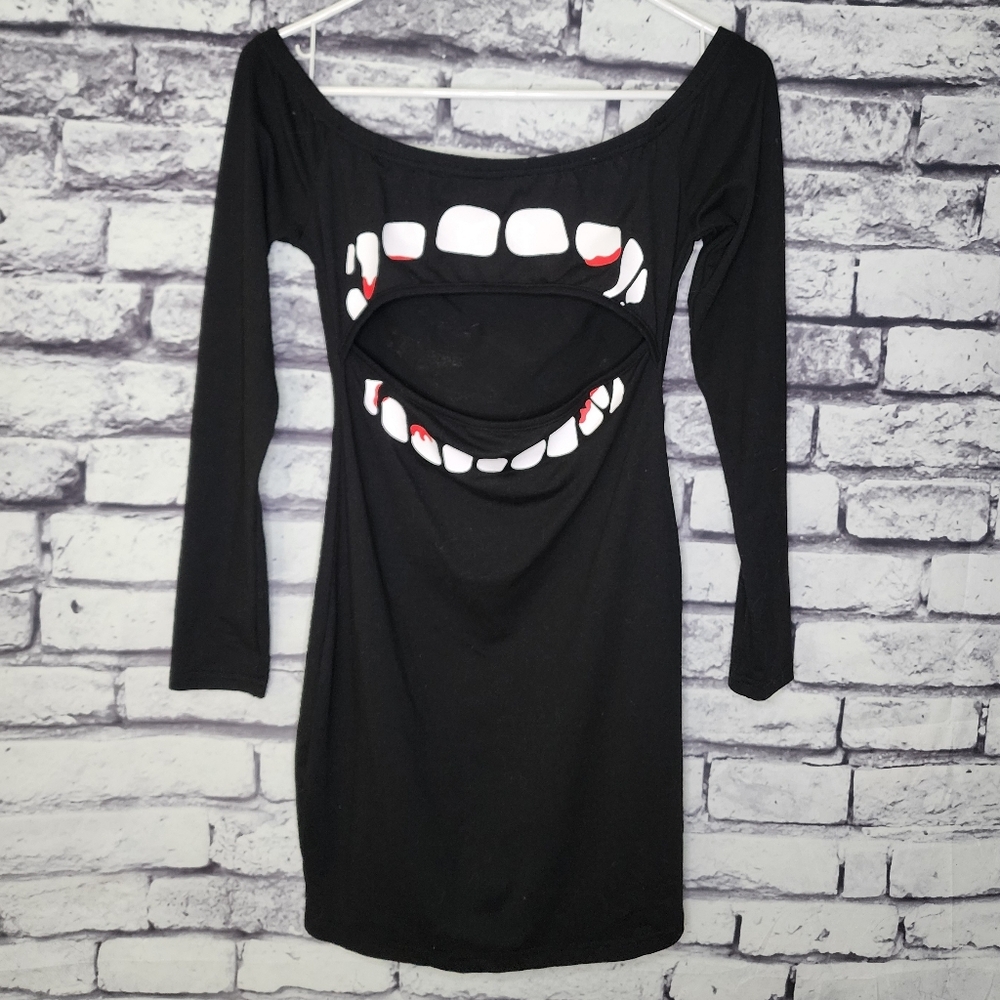 Black Vampire Teeth Midriff Cutout Long Sleeve Dress - S